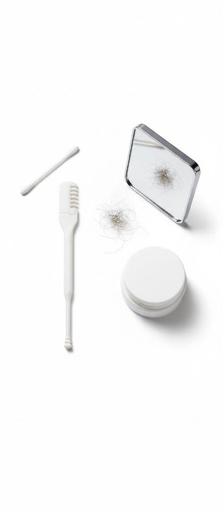Set of dental care products including a toothbrush, container, and mirror on a white background