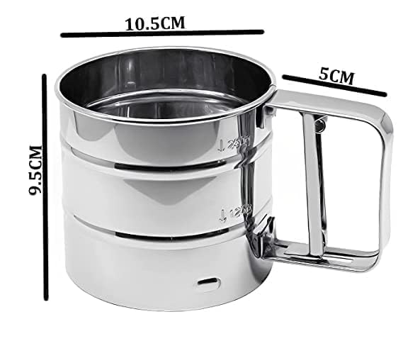 Stainless steel sifter with dimensions labeled on a white background