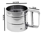 Stainless steel sifter with dimensions labeled on a white background