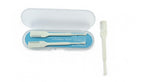 Two toothbrushes in a clear case with a white lid on a white background.