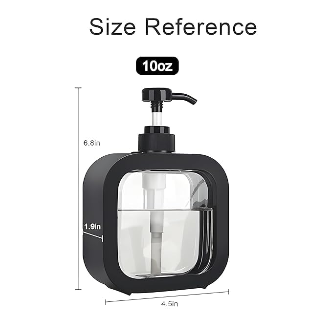 Black soap dispenser with clear container and measurements on a white background