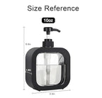 Black soap dispenser with clear container and measurements on a white background