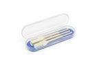 Two toothbrushes in a clear plastic case on a white background