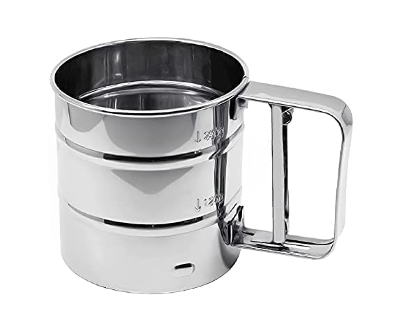 Stainless steel coffee filter with handle on a white background