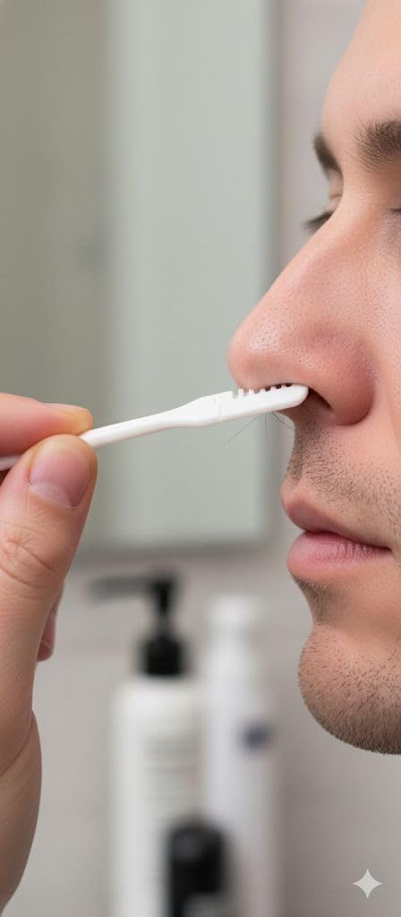 Person using a cotton swab to clean their nose in a bathroom setting.