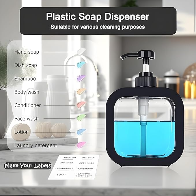 Plastic soap dispenser with labeled compartments for various cleaning products on a kitchen counter.