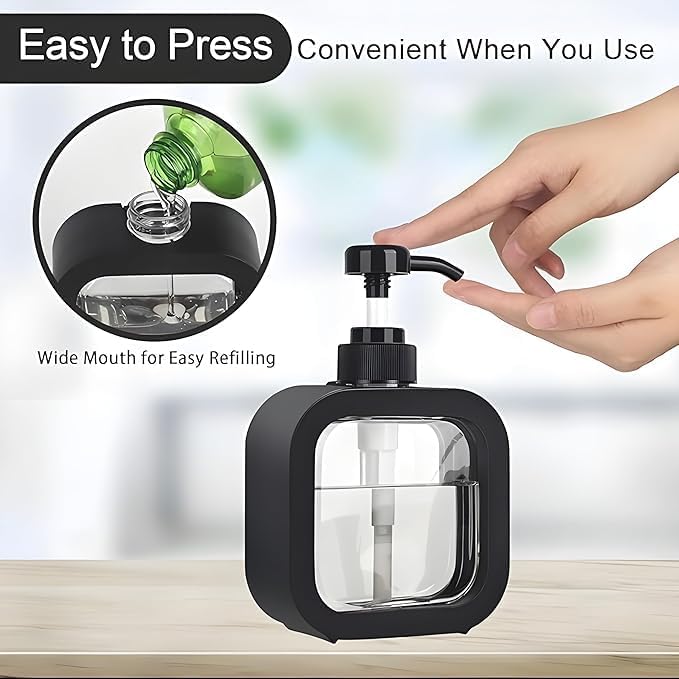 Black pump bottle with clear container on a wooden surface, labeled 'Easy to Press' and 'Wide Mouth for Easy Refilling'.
