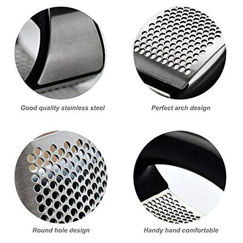 Stainless steel kitchen tool with various design features on a white background