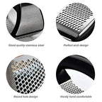 Stainless steel kitchen tool with various design features on a white background