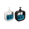 Two soap dispensers, one white and one black, with blue soap inside on a white background.