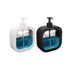 Two soap dispensers, one white and one black, with blue soap inside on a white background.