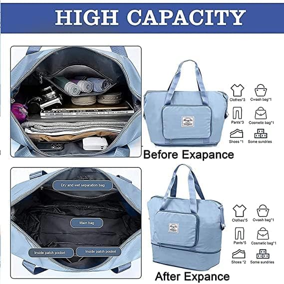 Blue expandable bag with before and after expansion views, showing its capacity and features.