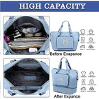 Blue expandable bag with before and after expansion views, showing its capacity and features.