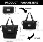 Black expandable bag with measurements and unfolding instructions on a white background