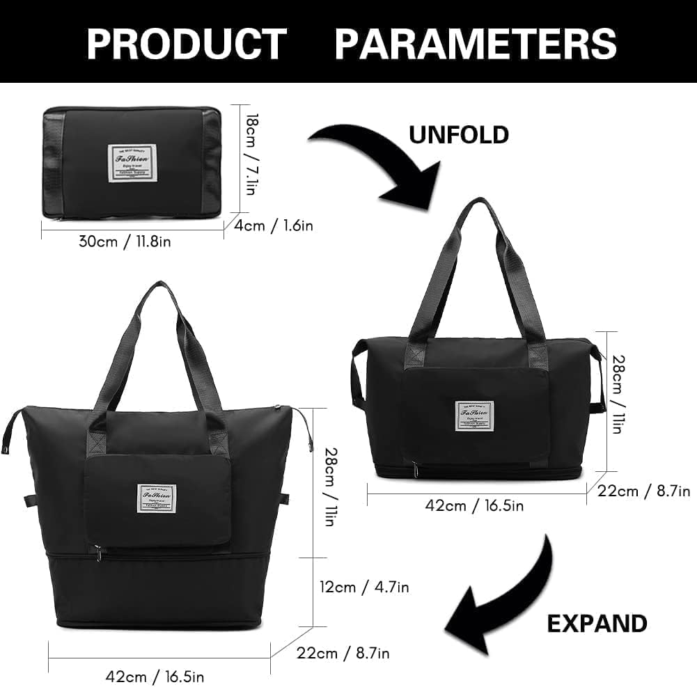 Black expandable bag with measurements and unfolding instructions on a white background