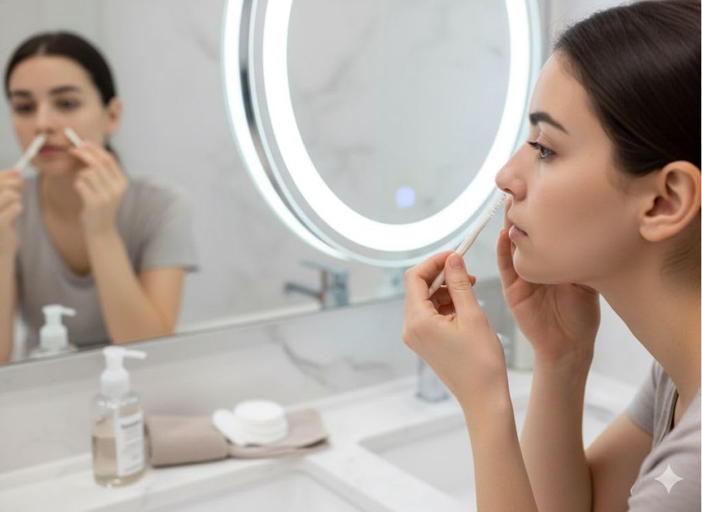 Woman applying makeup in front of a mirror with a lighted circle.