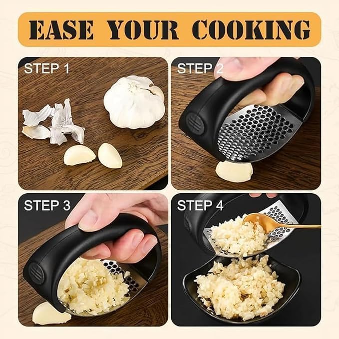 Step-by-step guide on using a garlic press to crush and chop garlic.