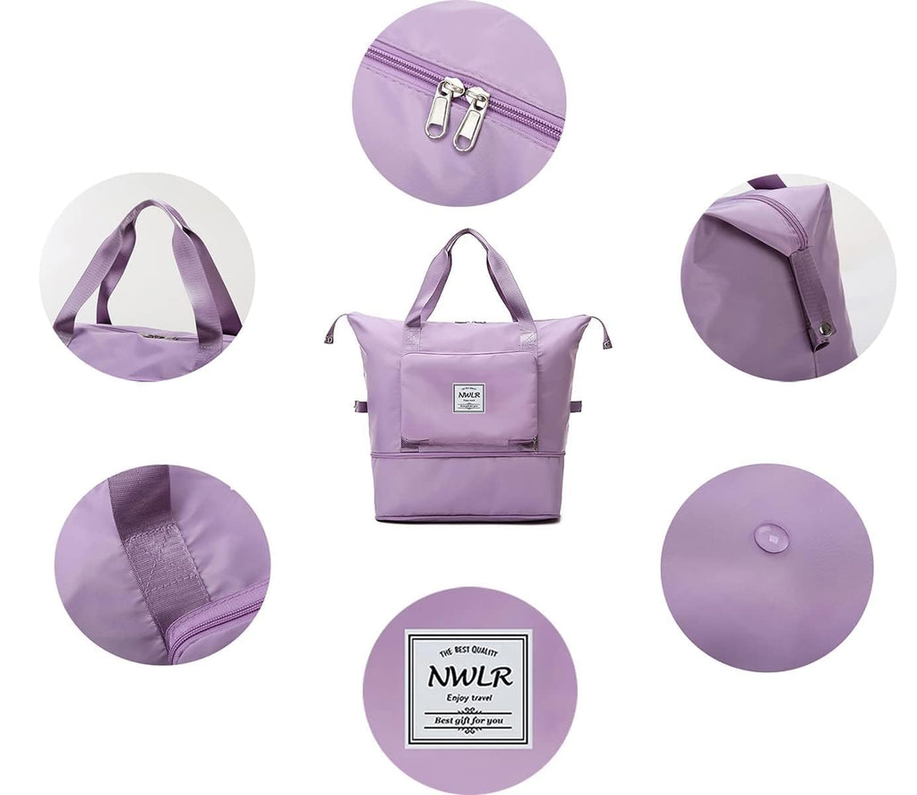 Purple handbag with multiple views on a white background