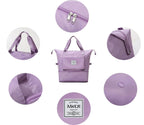 Purple handbag with multiple views on a white background