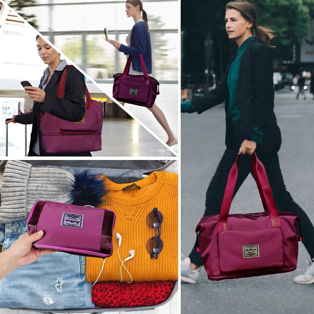Collage of a woman using a purple bag in various settings