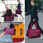 Collage of a woman using a purple bag in various settings