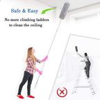 Person using a ceiling cleaning tool with text indicating it's safe and easy without climbing ladders.
