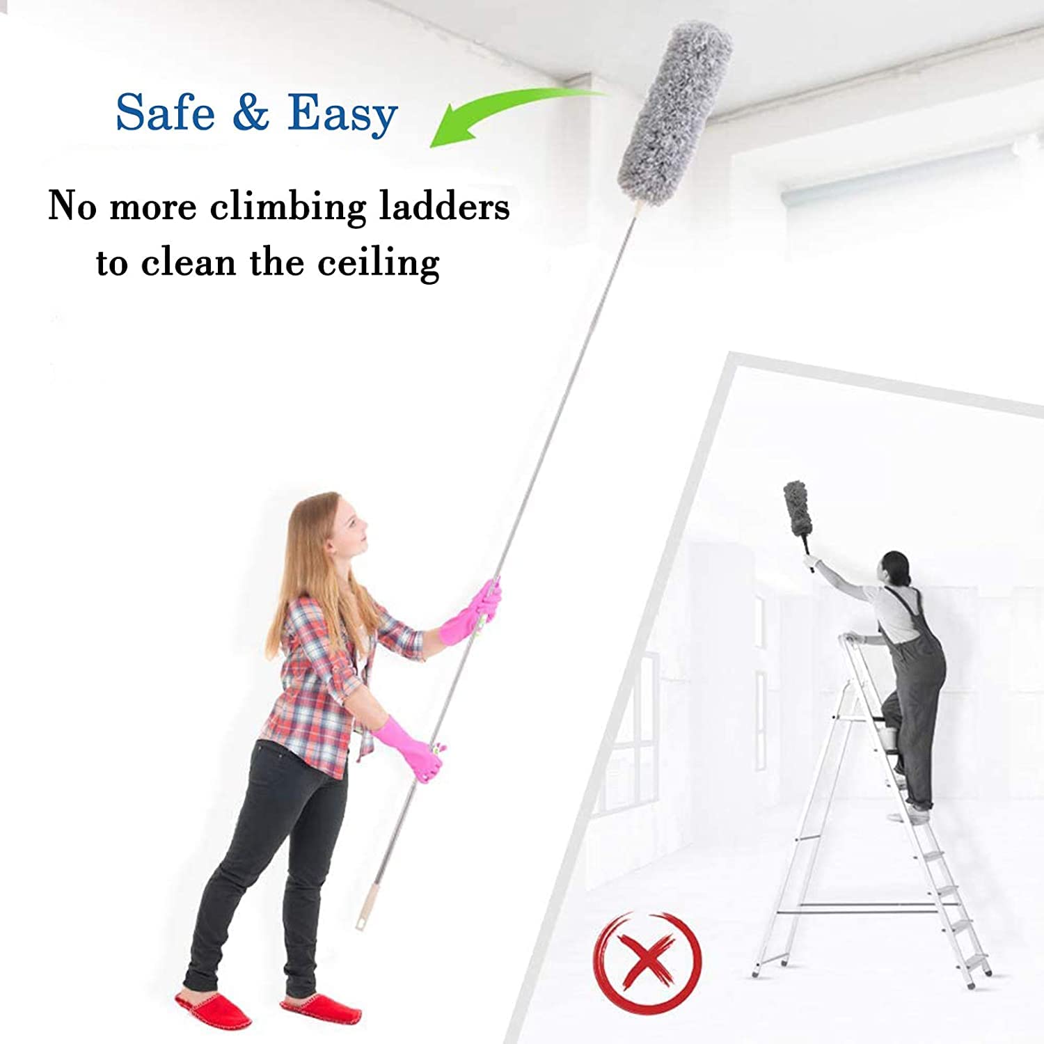 Person using a ceiling cleaning tool with text indicating it's safe and easy without climbing ladders.