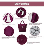 Purple handbag with detailed features and specifications on a white background