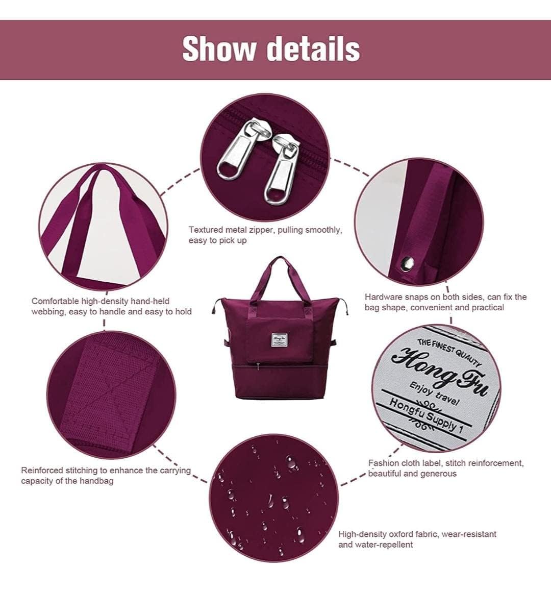 Purple handbag with detailed features and specifications on a white background