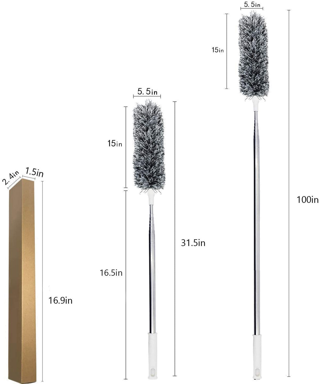 Telescopic duster with measurements on a white background