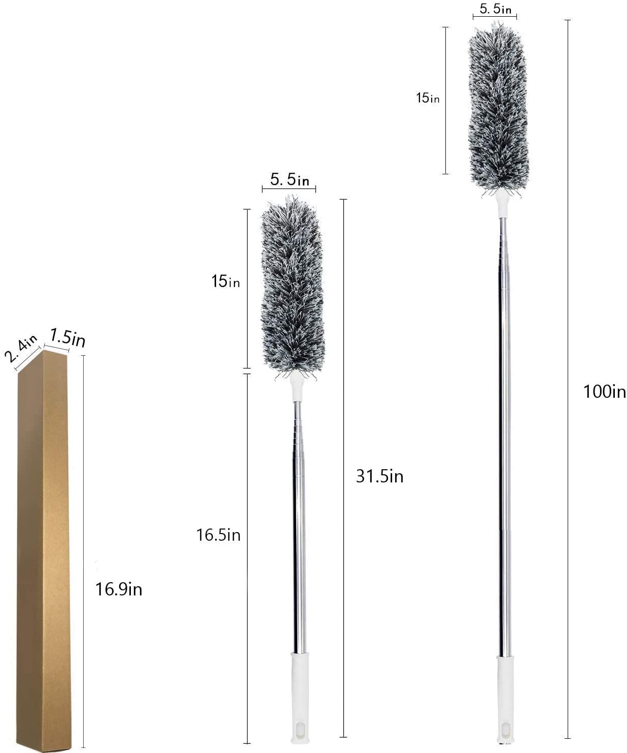Telescopic duster with measurements on a white background