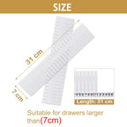 White drawer organizer with measurements on a white background