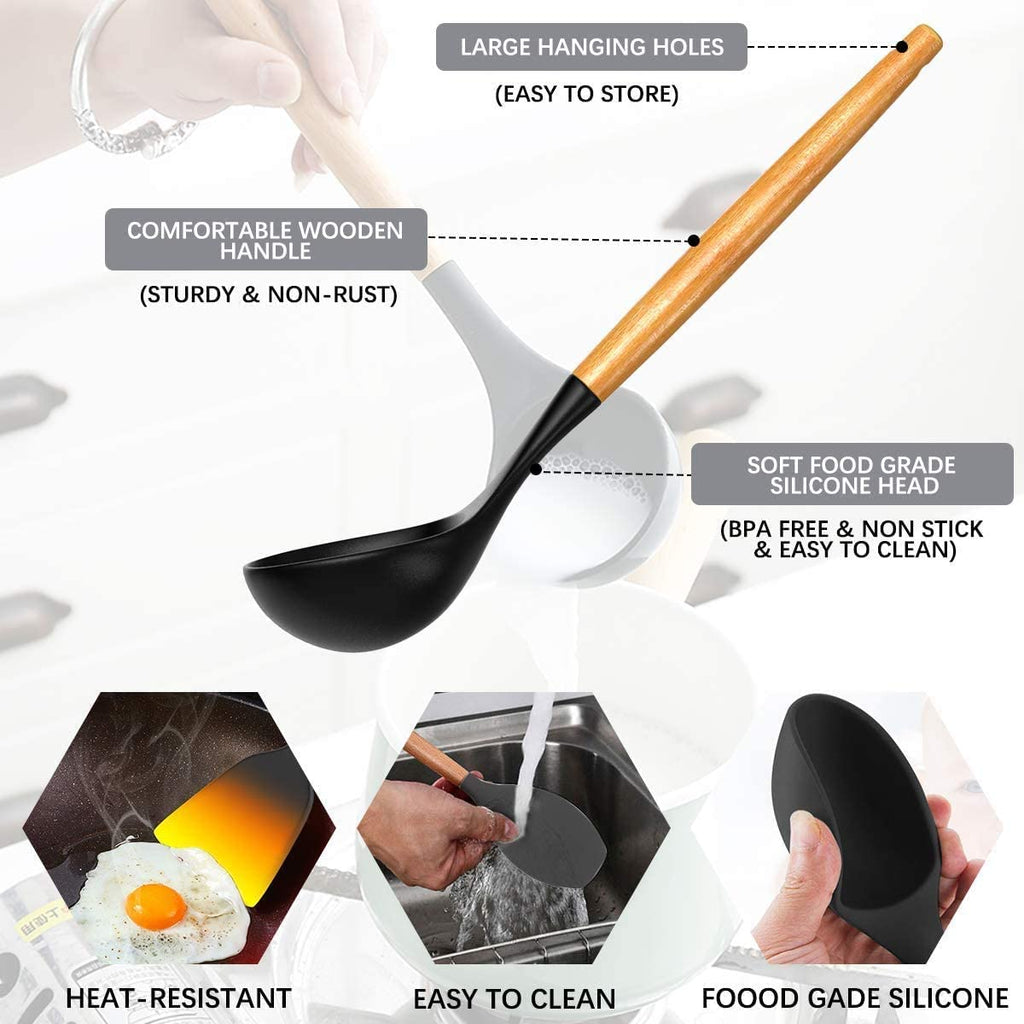 Black ladle with wooden handle and silicone head, featuring text on its features.
