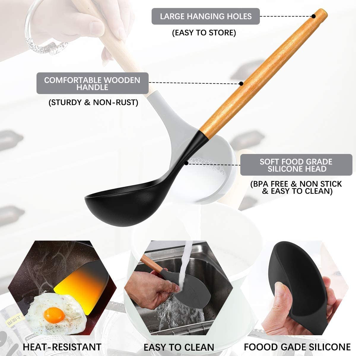 Black ladle with wooden handle and silicone head, featuring text on its features.