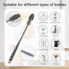 Cleaning brush with uses for various bottles and containers on a white background