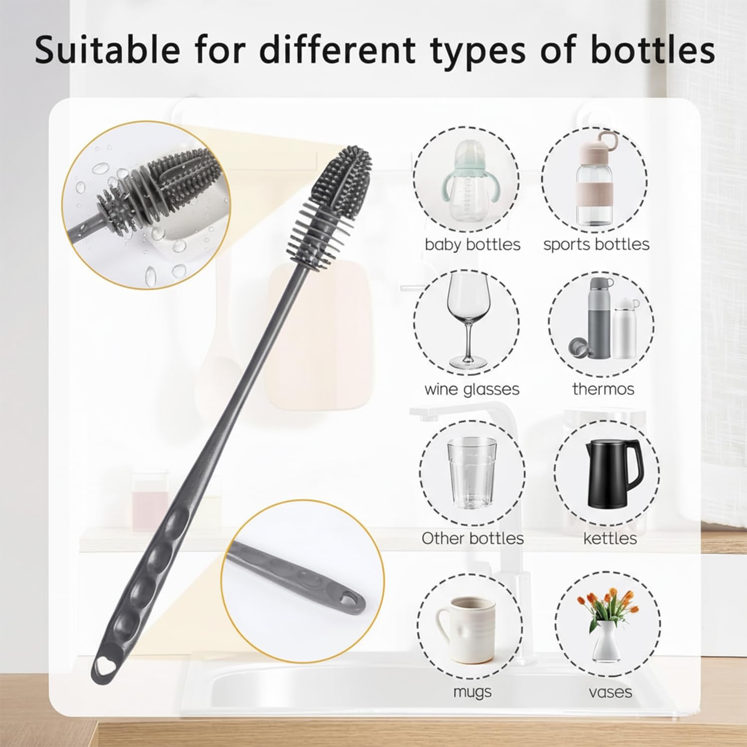 Cleaning brush with uses for various bottles and containers on a white background