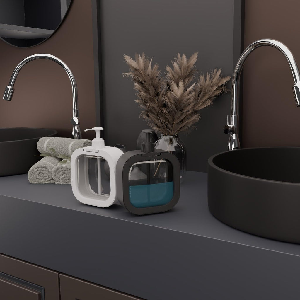 Bathroom counter with black sink, silver faucet, and decorative items.