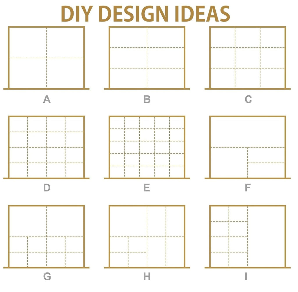 Grid layout with text 'DIY Design Ideas' and letter labels A to I.