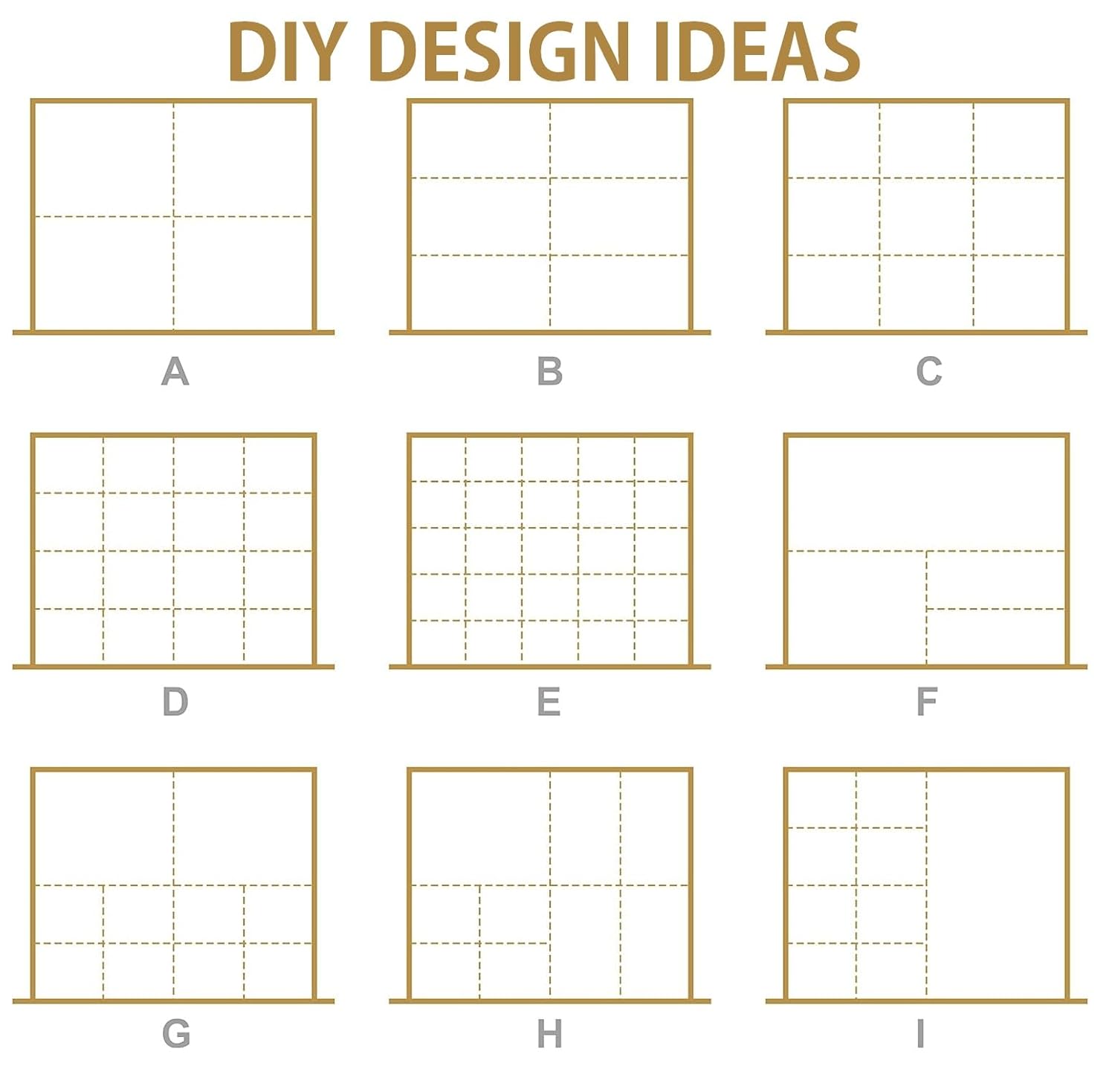 Grid layout with text 'DIY Design Ideas' and letter labels A to I.