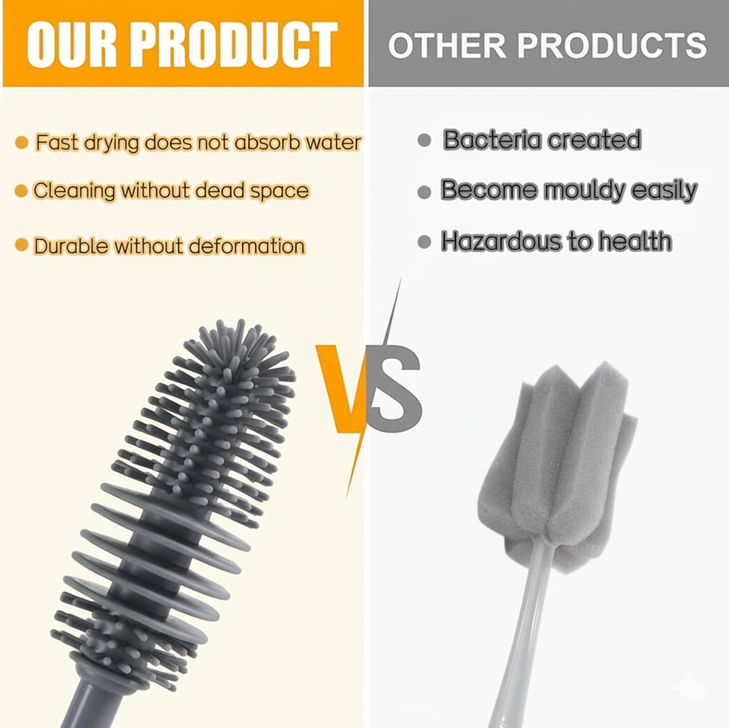 Comparison of a cleaning brush with text highlighting its features against 'Other Products' on a divided background.