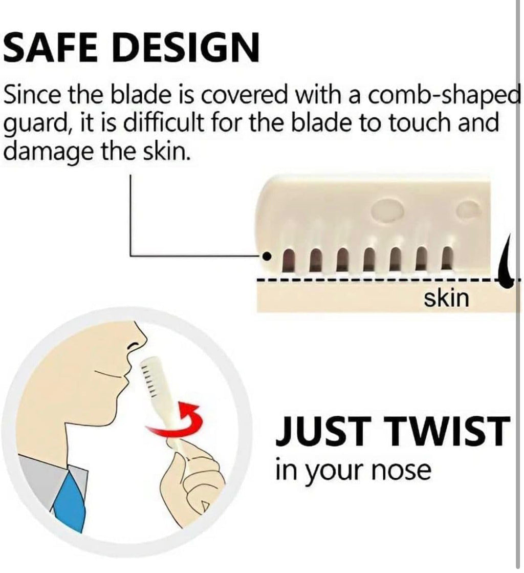 Illustration of a nose hair removal tool with comb-shaped guard and text explaining safe design.