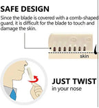 Illustration of a nose hair removal tool with comb-shaped guard and text explaining safe design.