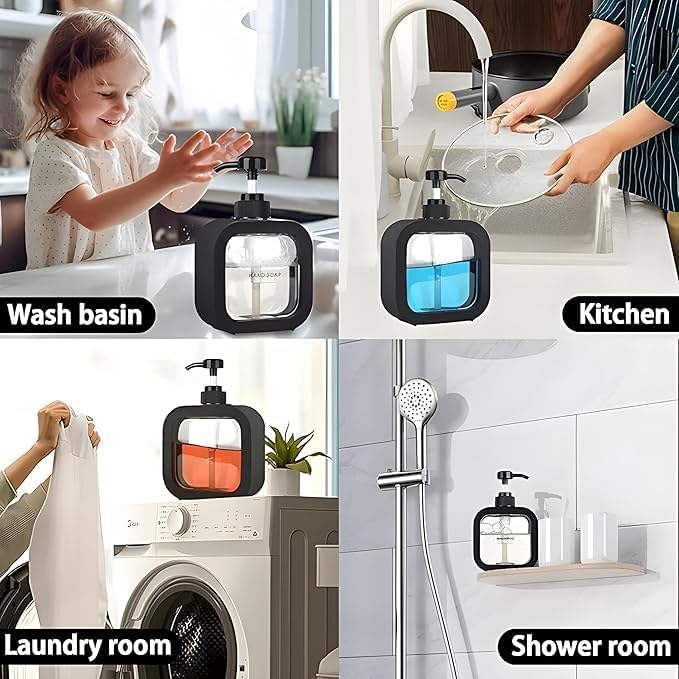 Multifunctional soap dispenser used in various settings including a wash basin, kitchen, laundry room, and shower room.
