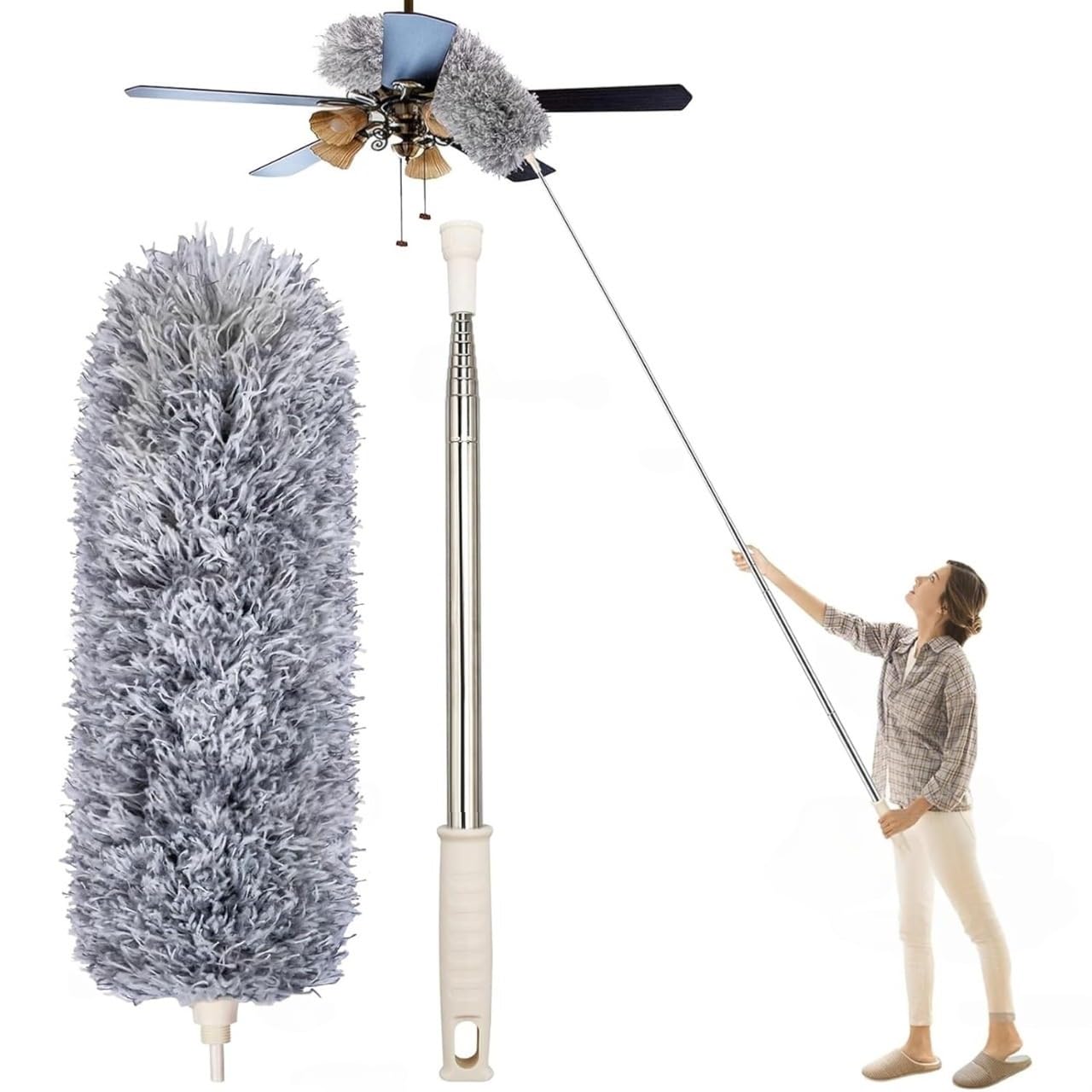 Long-handled feather duster with a fluffy head being used to clean a ceiling fan.