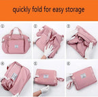 Step-by-step process of folding a pink bag for easy storage.