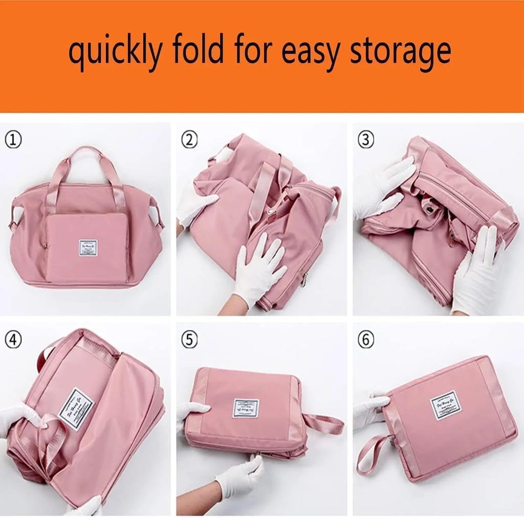 Step-by-step process of folding a pink bag for easy storage.