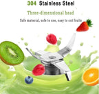 Blender blade with fruits and text highlighting safety and ease of use