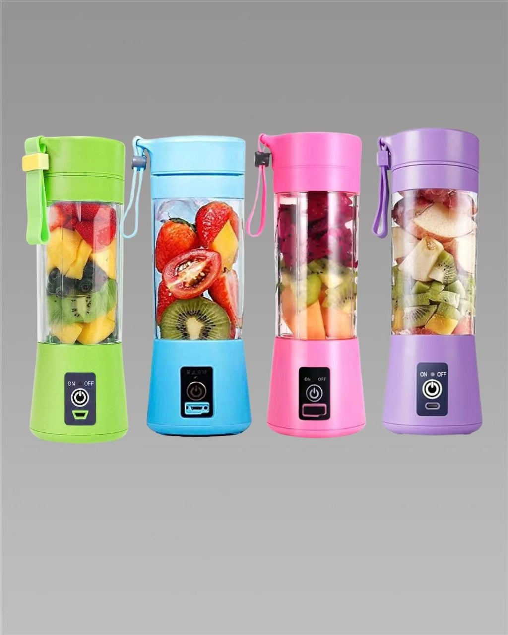 Four colorful portable blenders with fruits inside on a gray background