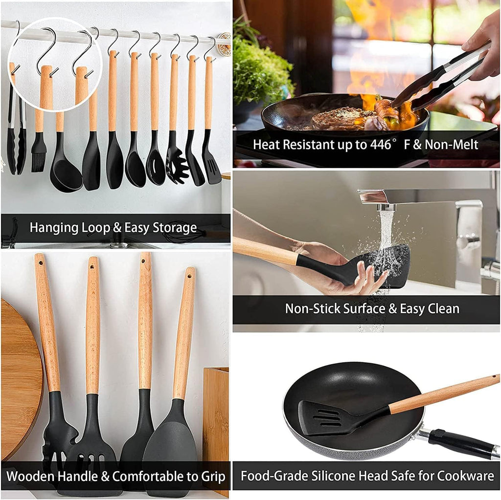 Collage of kitchen utensils with features highlighted, including heat resistance, non-stick surface, and safe for cookware.