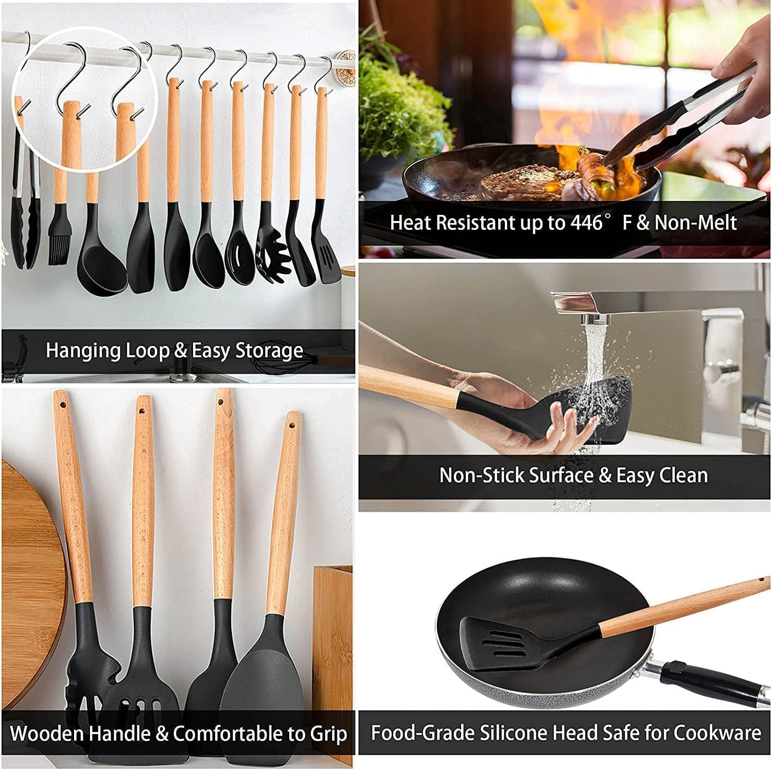 Collage of kitchen utensils with features highlighted, including heat resistance, non-stick surface, and safe for cookware.
